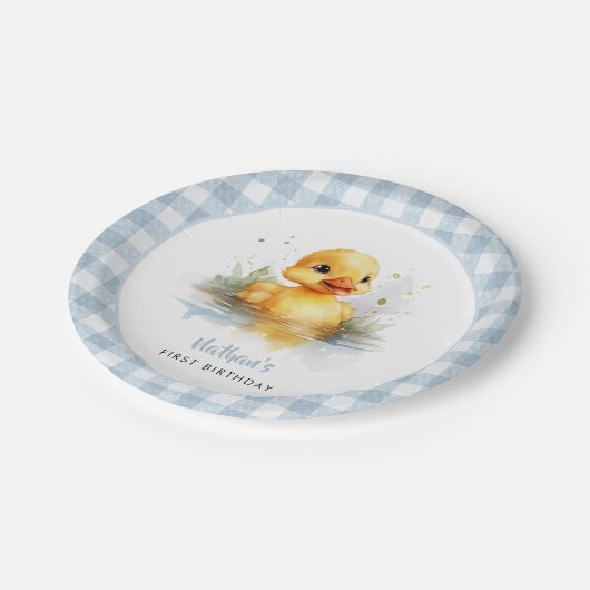 Duck Blue Gingham Birthday Paper Plate Pappteller (Schrägansicht)