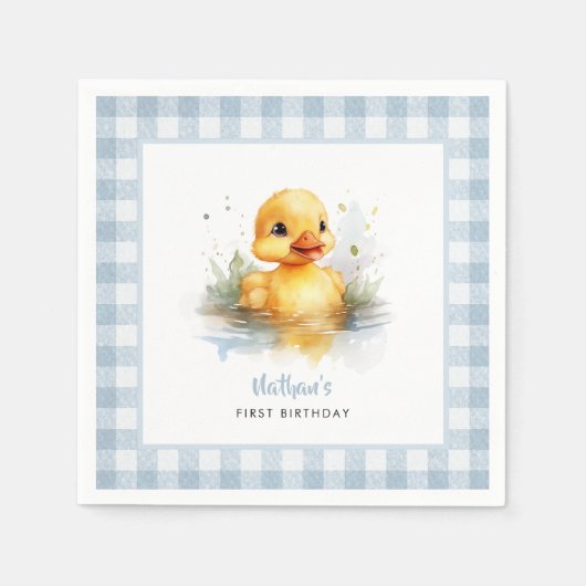 Duck Blue Gingham Birthday Paper Serviette (Vorderseite)