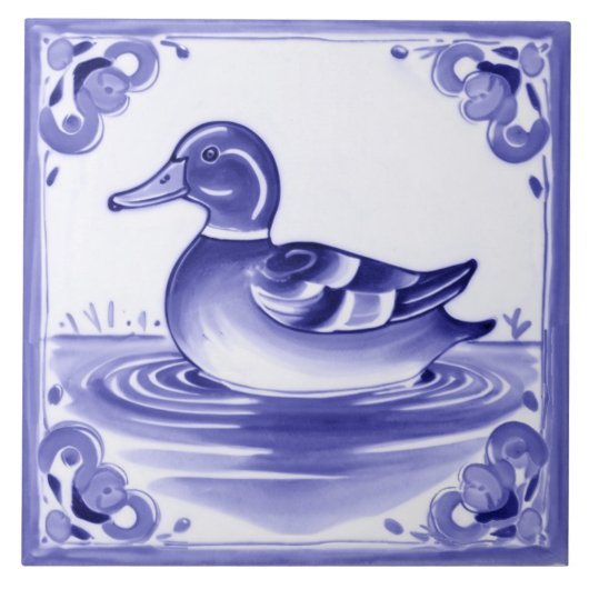 Duck Blue und White European Folk Animal Art Fliese (Vorderseite)