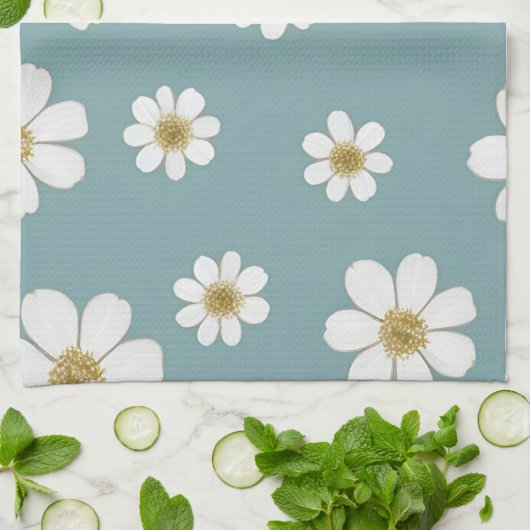 Duck Egg Blue mit Daisis, Original Muster Geschirrtuch (Gefaltet)