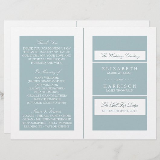 Duck Egg Blue Modern Wedding Bi-fold Programm (Vorne/Hinten)
