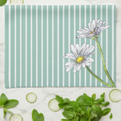 Duck Egg Blue Striped Floral Watercolor Daisy Geschirrtuch (Gefaltet)