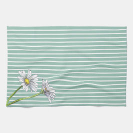 Duck Egg Blue Striped Floral Watercolor Daisy Geschirrtuch