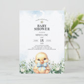Duck mit Bow Blue Boy Baby Shower Einladung (Stehend Vorderseite)