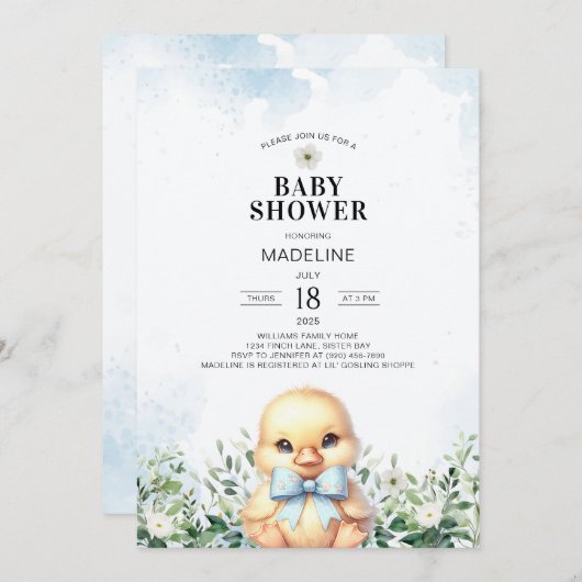 Duck mit Bow Blue Boy Baby Shower Einladung (Vorne/Hinten)