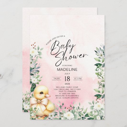 Duck mit Bow Pink Girl Dusche Einladung (Vorne/Hinten)