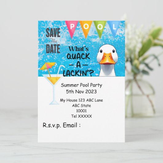 Duck Pool Party mit Drink im Pool Einladung (Stehend Vorderseite)