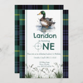 Duck Theme 1. Geburtstag Jäger grün kariert Einladung (Vorne/Hinten)