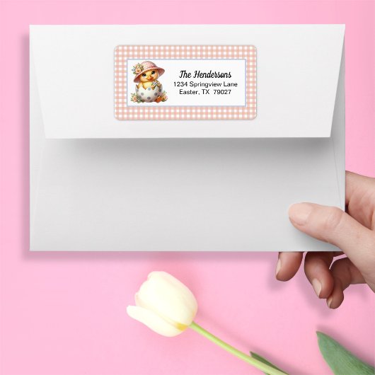 Duckling Chick in Easter Egg on Pink Gingham Plaid Adressaufkleber