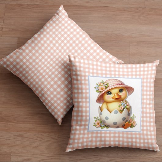 Duckling Chick in Easter Egg on Pink Gingham Plaid Kissen