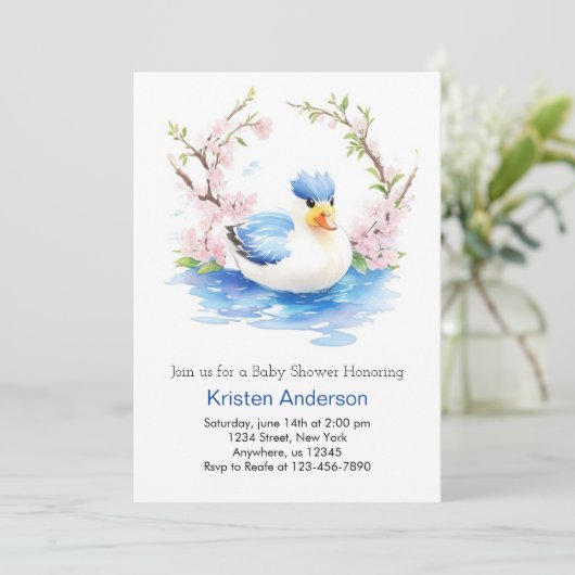 Duckling Enchanted Watercolor Boy Baby Shower Einladung (Stehend Vorderseite)
