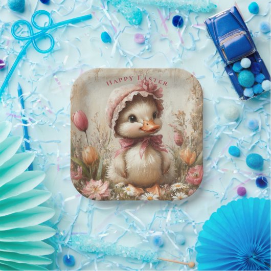 Duckling Oaster Pink Bonnet Tulips Daisis Pappteller (Party)