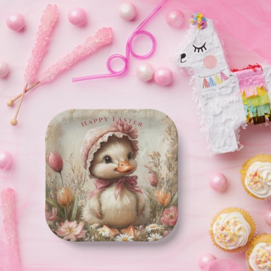 Duckling Oaster Pink Bonnet Tulips Daisis Pappteller (Party)