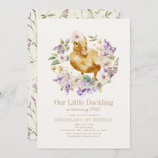 Duckling Watercolor Floral Girl 1. Geburtstag Einladung