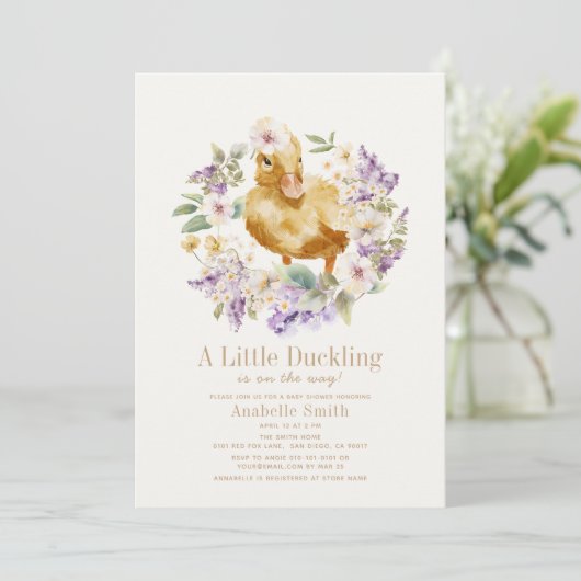 Duckling Watercolor Floral Girl Babydusche Einladung (Stehend Vorderseite)