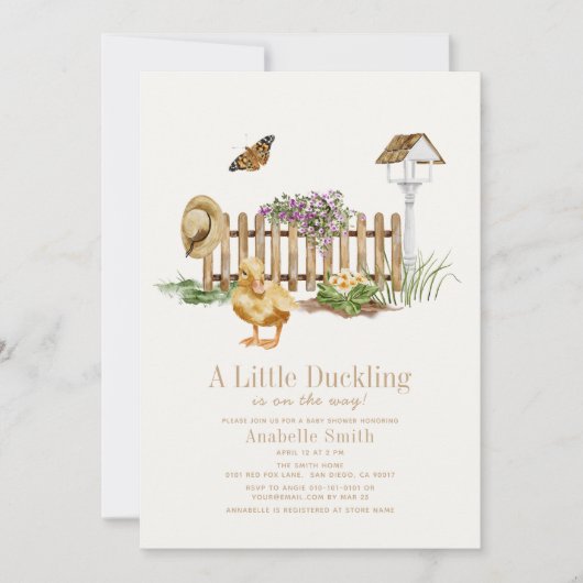 Duckling Watercolor Garden Girl Babydusche Einladung (Vorderseite)