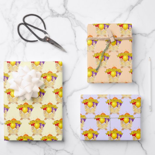 Ducklings & farbenfrohe Balloons Kinder zum Geburt Geschenkpapier Set (Vorderseite)