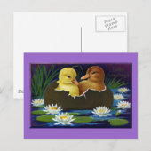 Ducklings in Eggshell Boat with Water Lilis Postkarte (Vorne/Hinten)