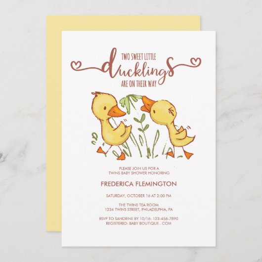 Ducklings Twins Baby Dusche Einladung (Vorne/Hinten)