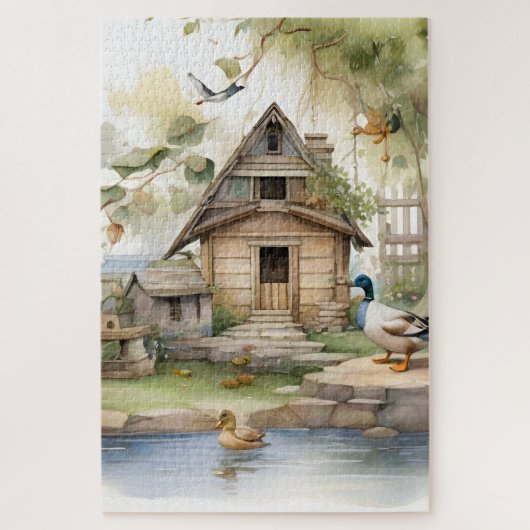 Ducks Country Garden Pond Scene Wasserfarbe 1 Puzzle (Vertikal)