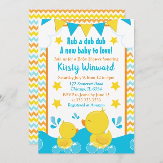 Ducky Polka Dot Babydusche aus Gelb & Blau Einladung (Vorne/Hinten)