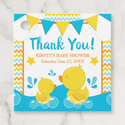 Ducky Polka Dot Babydusche aus Gelb & Blau Geschenkanhänger (Vorderseite)