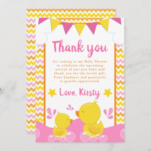 Ducky Polka Dot Babydusche aus Gelb und Rosa Gummi Dankeskarte (Vorne/Hinten)