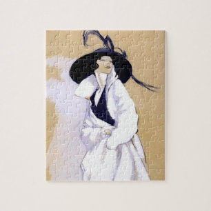 Dudovich Art Deco Illustration „Frau in einem weiß Puzzle
