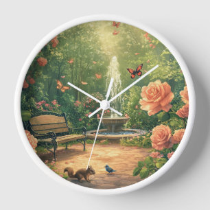 Duftende Rosen im Rosengarten mit Springbrunnen Uhr