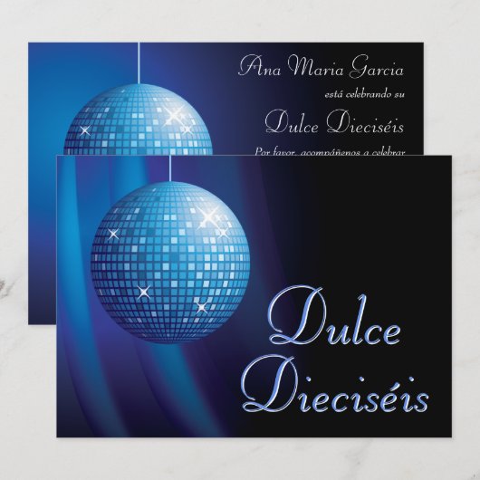 Dulce Dieciséis Disco Ball Azul Fiesta  Einladung (Vorne/Hinten)