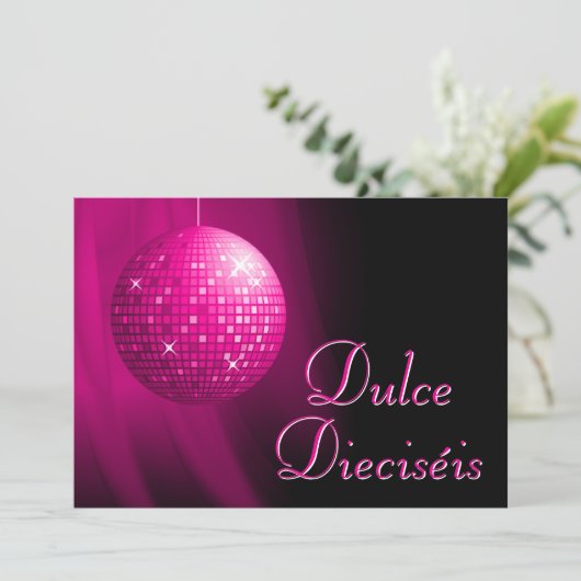 Dulce Dieciséis Disco Ball Rosa Fiesta  Einladung (Stehend Vorderseite)