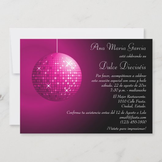 Dulce Dieciséis Disco Ball Rosa Fiesta Einladung (Rückseite)