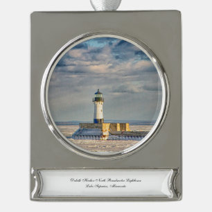 Duluth Harbour North Breakwater Leuchtturm Banner-Ornament Silber
