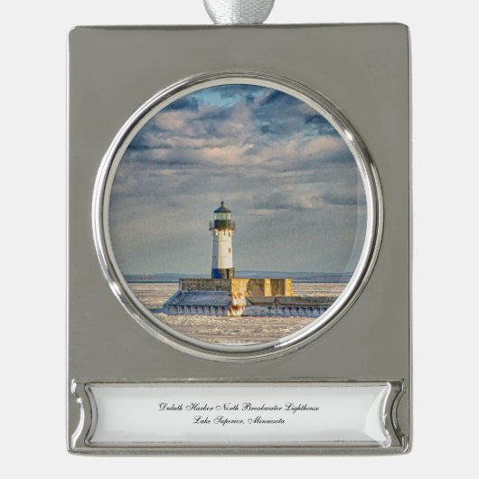 Duluth Harbour North Breakwater Leuchtturm Banner-Ornament Silber (Vorderseite)