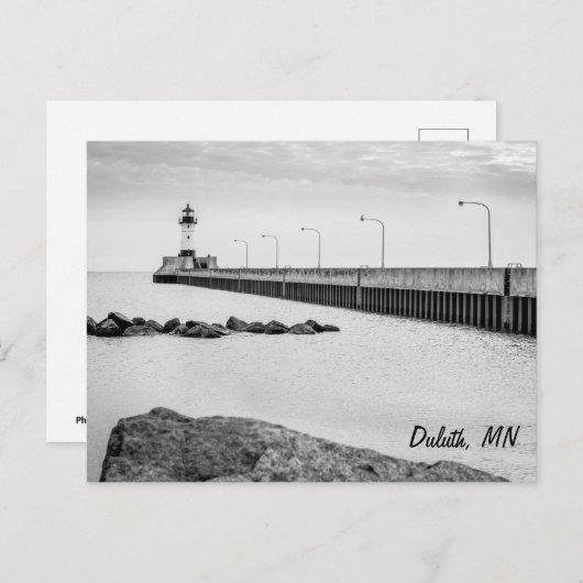 Duluth, MN Leuchtturm, schwarz-weiße Postkarte (Vorne/Hinten)