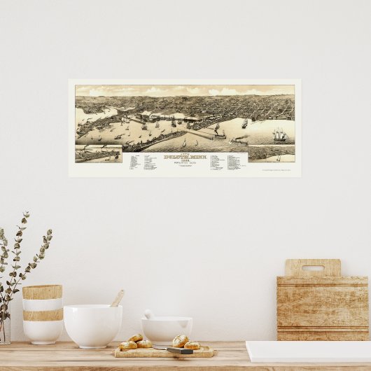 Duluth, MN Panorama Karte - 1883 Poster (Küche)