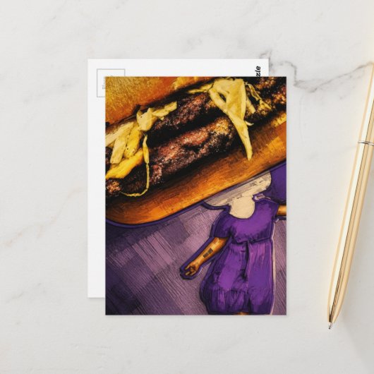 Dummer Cheeseburger Lila Pilz Dame Collage Postkarte (Vorderseite/Rückseite Beispiel)