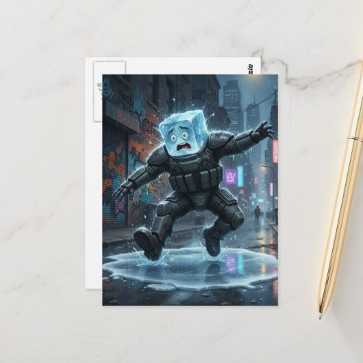 Dummer Eiswürfel fällt auf Eis Postkarte (Vorderseite/Rückseite Beispiel)