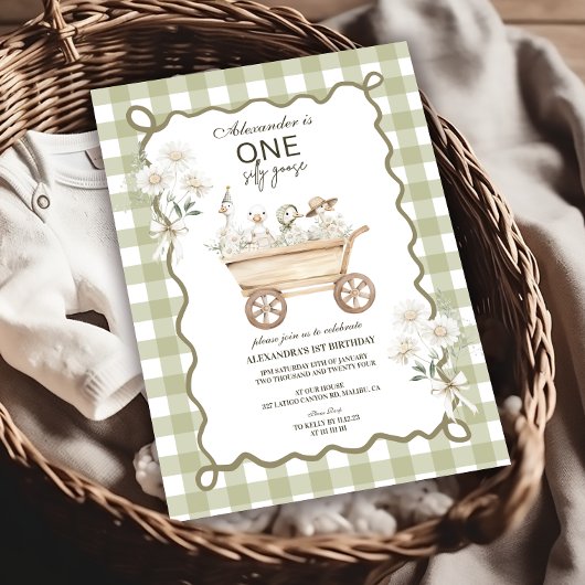Dummer Gans 1. Geburtstag Grün Gingham Einladung