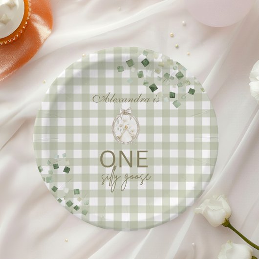 Dummer Gans 1. Geburtstag Grün Gingham Pappteller