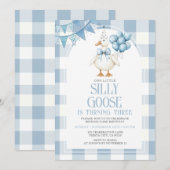 Dummer Gans 3. Geburtstag Blaues Schleifen-Gingham Einladung (Vorne/Hinten)