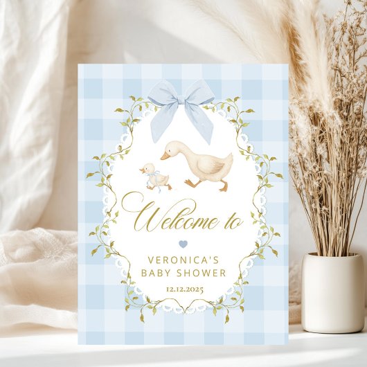 Dummer Gans Blau Gingham-Baby-Party-Empfang Poster
