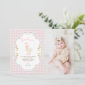 Dummer Gans-Blumen-Gingham-Geburtstagsfoto Dankeskarte (Stehend Vorderseite)