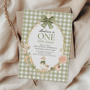 Dummer Gans Blumen Grüner Gingham 1. Geburtstag Einladung