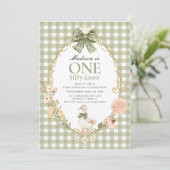Dummer Gans Blumen Grüner Gingham 1. Geburtstag Einladung (Stehend Vorderseite)