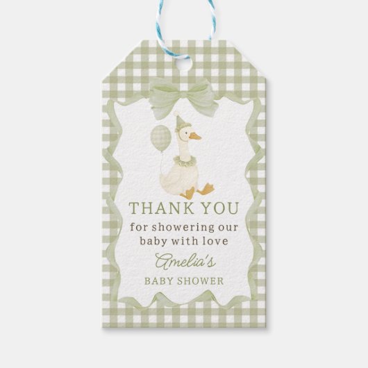 Dummer Gans Grün Gingham Baby Shower Geschenk Etik Geschenkanhänger (Vorderseite)