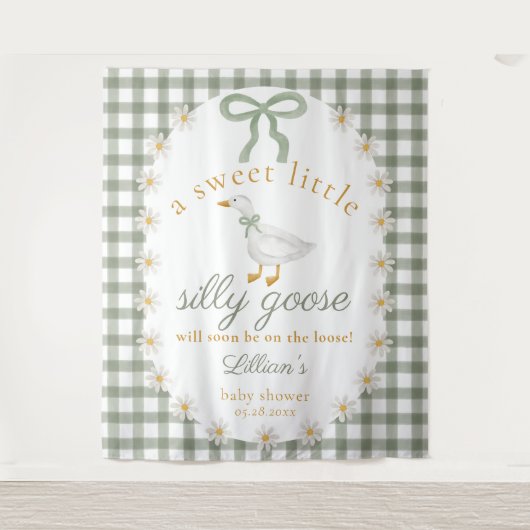 Dummer Gans Grün Gingham Baby Shower Hintergrund Wandteppich (Vorderseite)