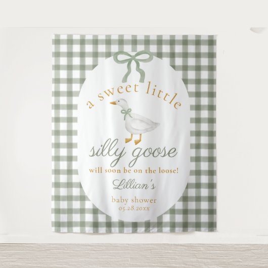 Dummer-Gans-Grün-Gingham-Baby-Shower-Kulisse Wandteppich (Vorderseite)