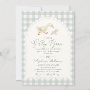 Dummer Gans Neutral Salbeigrün Gingham-Baby-Party Einladung