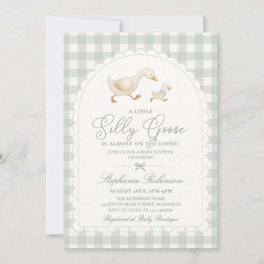 Dummer Gans Neutral Salbeigrün Gingham-Baby-Party Einladung (Vorderseite)